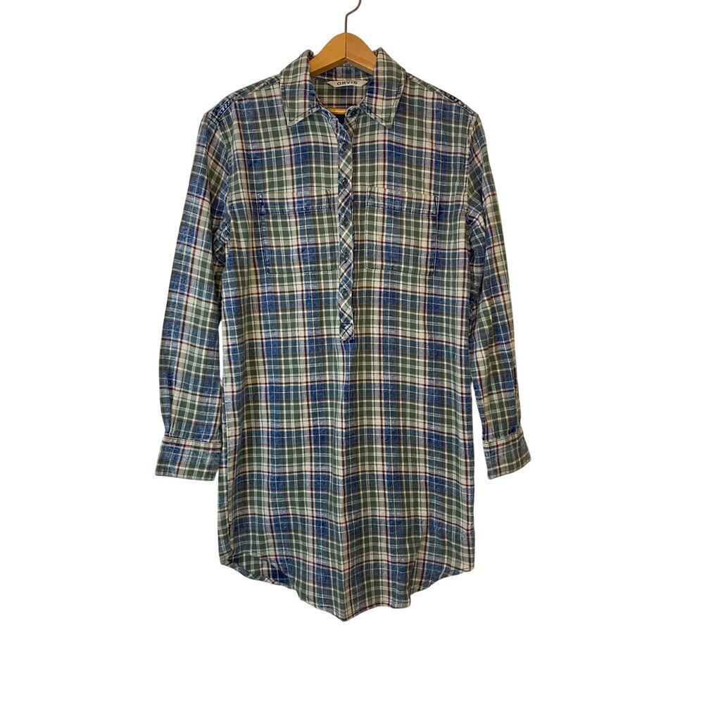 Women's Orvis Green Plaid Flannel Long‎ Sleeve Shirt Dress Cotton XS Holiday